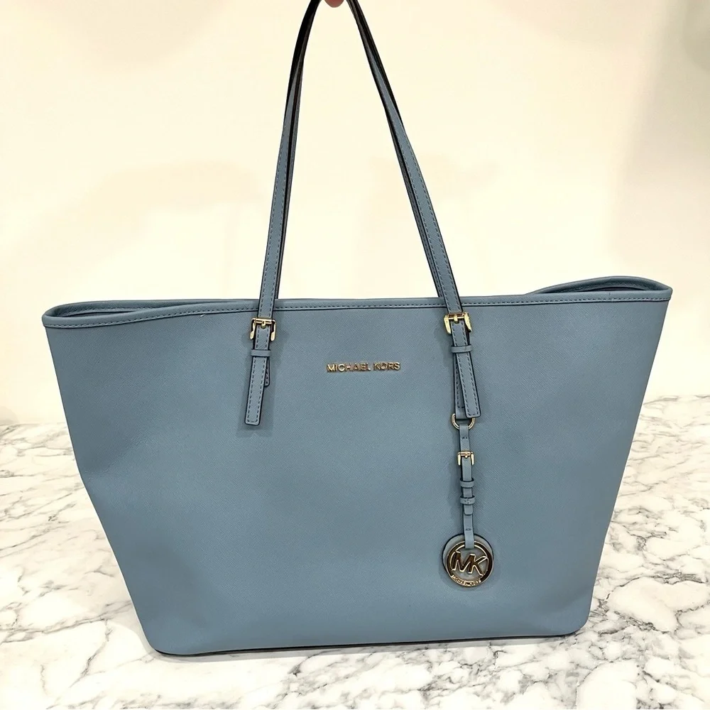Michael Kors Jet Set Travel Tote Surf Blue Matching Hamilton Wallet